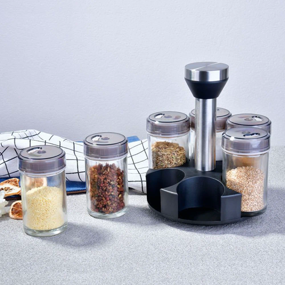 rotating spice jar set, cruet seasoning jars, kitchen spice organizer
