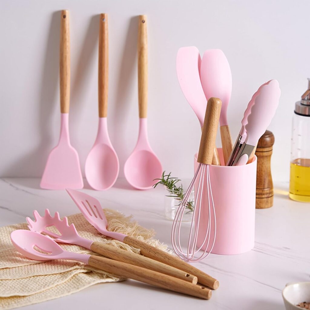 Silicone Cooking Kitchen Utensil Wooden Spoon Set Pink