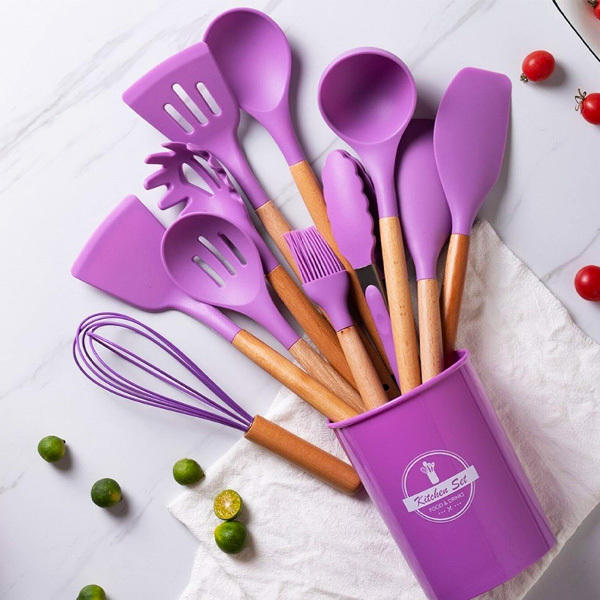 Silicone Cooking Kitchen Utensil Wooden Spoon Set Purple