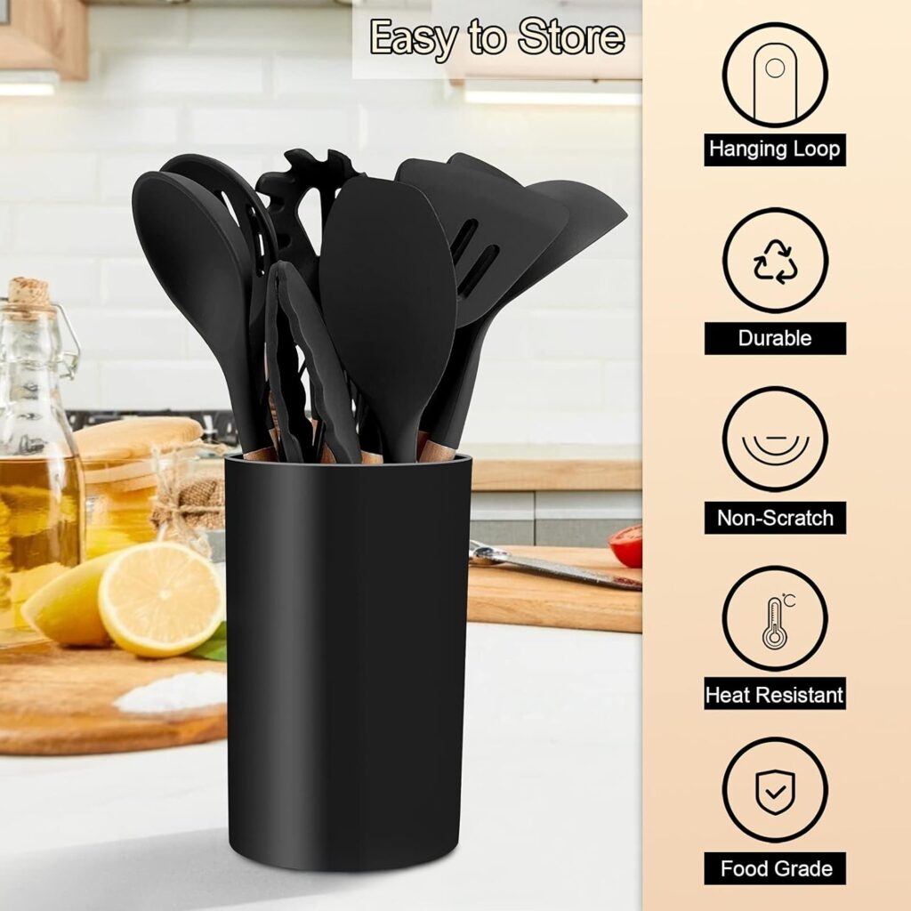 Silicone Cooking Kitchen Utensil Wooden Spoon 12 pcs Set Black