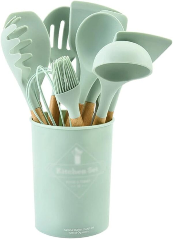 Silicone Cooking Kitchen Utensil Wooden Spoon Set