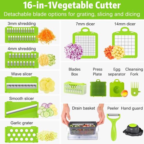 🥕 16 in 1 Vegetable Cutter – সম্পূর্ণ তথ্য সহজ ভাষায় 🔹 এটা কী? 👉 ১৬ ধরনের ব্লেড ও ফাংশনসহ একটি মাল্টিফাংশনাল সবজি কাটার সেট। 🔹 কী কী করা যায়? ✅ স্লাইস করা ✅ কিউব করে কাটা ✅ কুচি করা ✅ গ্রেট করা ✅ ফ্রেঞ্চ ফ্রাই কাট ✅ পেঁয়াজ/আলু/গাজর/শসা সহজে কাটা 🔹 কার জন্য উপকারী? 👩🍳 গৃহিণী 👨🍳 রেস্টুরেন্ট বা ফাস্টফুড ব্যবসায়ী 🏠 ব্যস্ত পরিবার 🥗 ডায়েট মেইনটেইন করা মানুষ